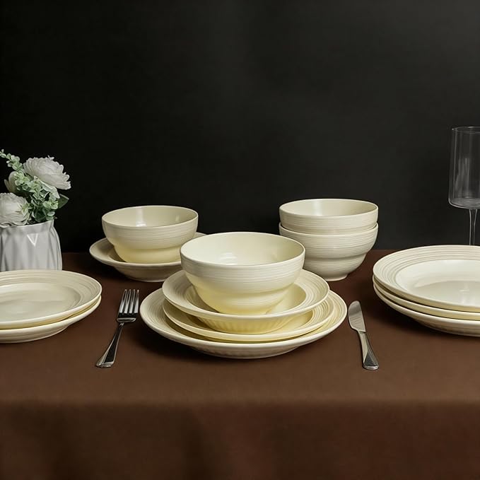 Dinnerware Set for 6 Modern Stoneware Dish Set 24-Piece Porcelain Plates and Bowls Set Ceramic Kitchen Dinner Set Service for 6 Microwave and Dishwasher Safe Lvory (24pcs lines)