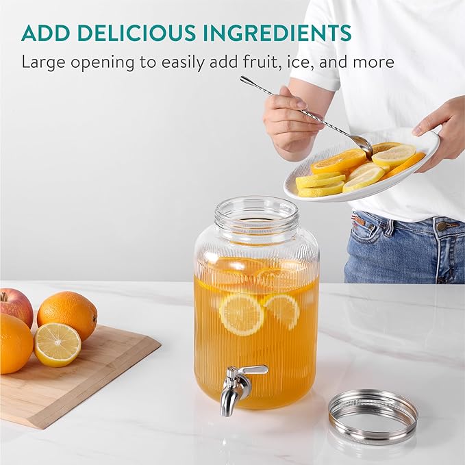 Navaris Glass Drink Dispenser with Tap - 4L (1 gal) Ripple Design Beverage Dispenser with Ice Insert &amp Fruit Infuser - for Cold Brew Coffee Cocktails Juice Water &amp other Drinks