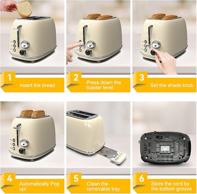 Toaster 2 slice KitchMix Retro Stainless Steel Toaster with 6 Settings 1.5 In Extra Wide Slots Bagel/Defrost/Cancel Function Removable Crumb Tray (Cream)