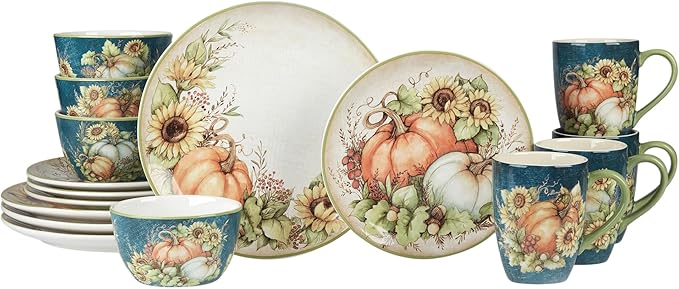 Autumn Breeze 16-Piece Ceramic Dinnerware Set Service for 4 – Celebrate fall gatherings with sunflowers pumpkins and rich harvest hues perfect for cozy dinners and festive autumn tablescapes