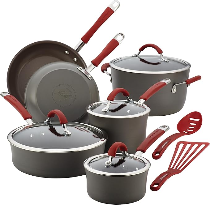 Rachael Ray - 87630 Rachael Ray Cucina Hard Anodized Nonstick Cookware Pots and Pans Set 12 Piece Gray with Red Handles