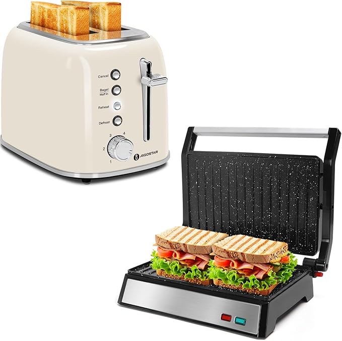 Aigostar Toaster 2 Slice Retro Extra-Wide Slot Toasters and Aigostar Panini Press 1200W Sandwich Maker and Electric Indoor Grill with Ceramic Non-Stick Coated Plates Opens 180°