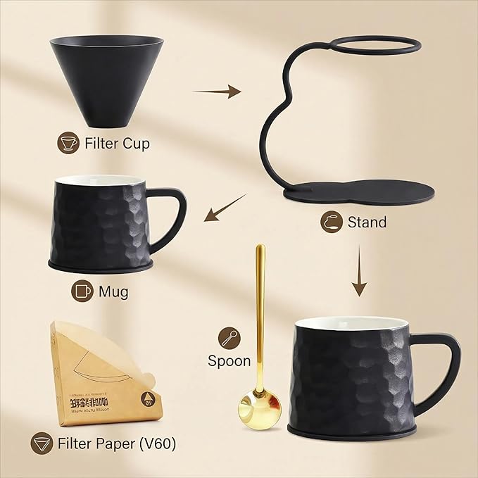 Pour Over Coffee Maker setCeramic Coffee Maker With V60 40 pcs Paper FilterMetal Stand 9oz 270ml mug Pour Over Coffee Dripper black