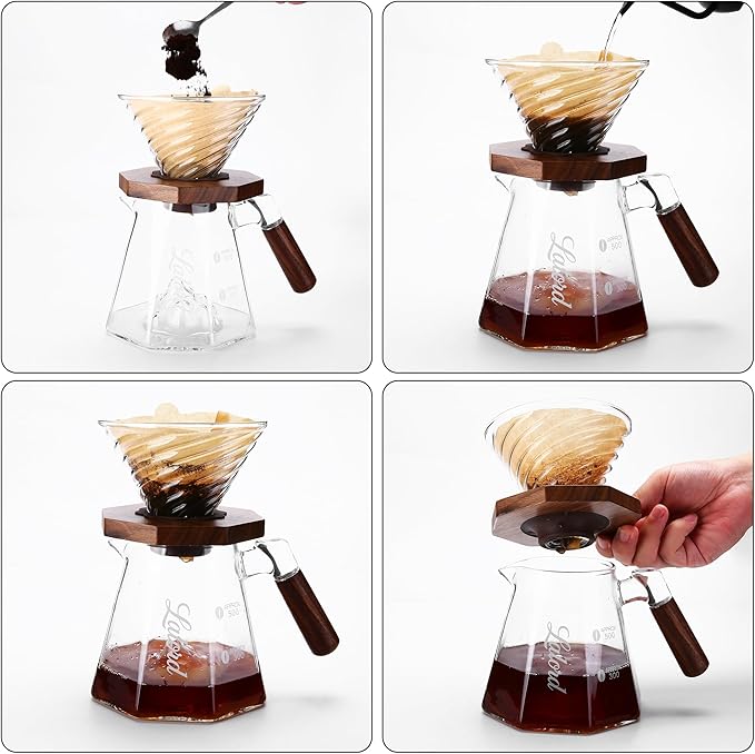 Pour Over Coffee Maker 20 oz Borosilicate Glass Set with 100 pcs Paper Filter Walnut Collar &amp Glass Lid Drip Coffee Maker 1-3 Cups Clear (B-600 ml Set)