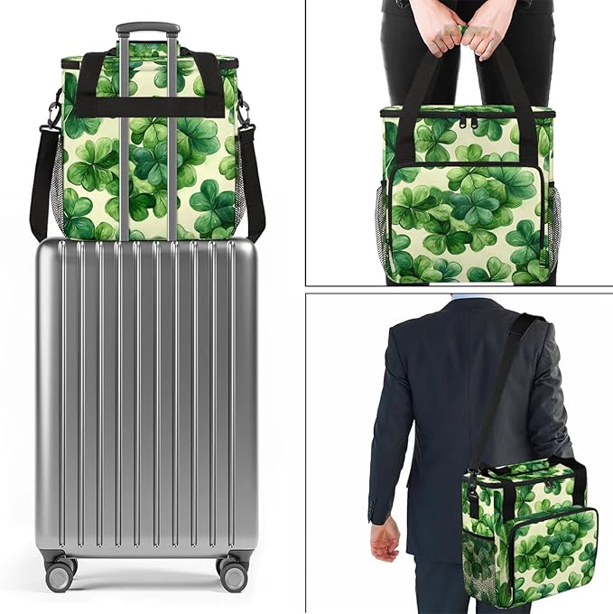 St Patricks Day Coffee Maker Travel Bag Clover Shamrock Insulated Grocery Bag Travel Picnic Leakproof Cooler Bags With Shoulder Strap
