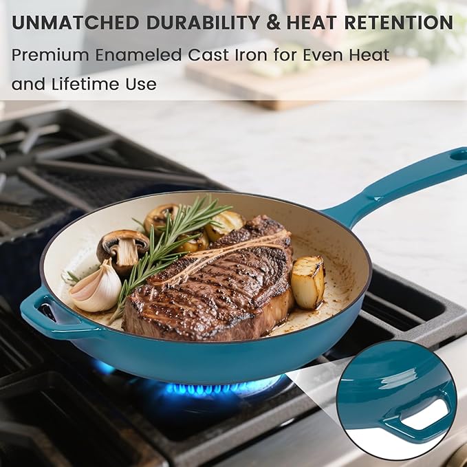 Hisencn Enameled Cast Iron Frying Pan Set 3 Piece Set of Skillets(8''/9.5''/11'') PFAS &amp PTFE &amp PFOA -Free Gas/Induction/Electric/Oven Compatible Biscay Blue