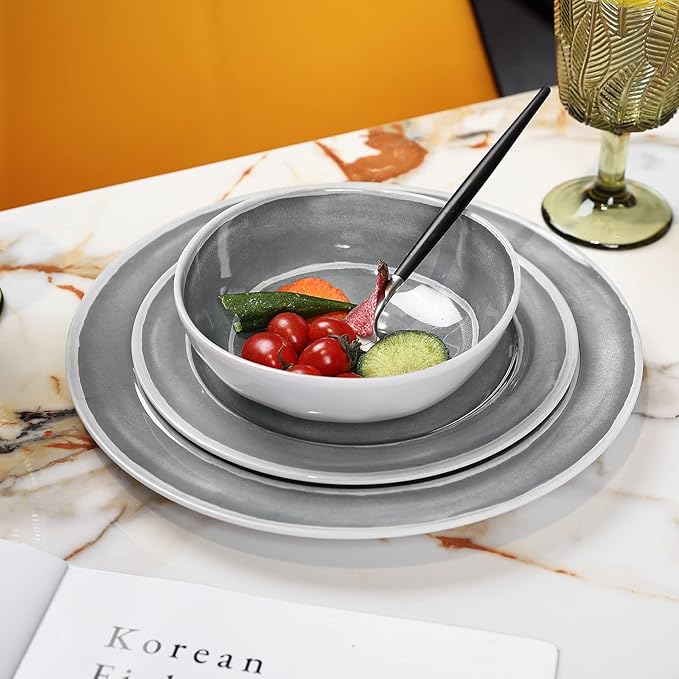 Melamine Dinnerware Set - 12pcs Dishes Dinnerware Set for 4 Indoor and Outdoor use Dishwasher Safe Break-resistant Lightweight Gray