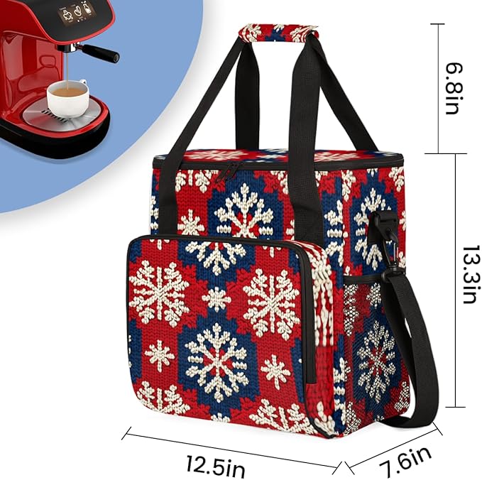 Xmas Snowflakes Christmas Coffee Maker Carrying Bag Travel Storage Bag Compatible with K-Mini or K-Mini Plus Single Serve Coffee Brewer Carrying Case with Multiple Pockets &amp Shoulder Strap