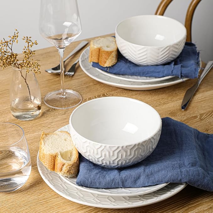 Sureasy Ceramic Dinnerware Sets for 6 18 Pieces Stoneware Plates and Bowls Sets Embossed Scratch Resistant Dinner Set Dishwasher&ampMicrowave Safe White