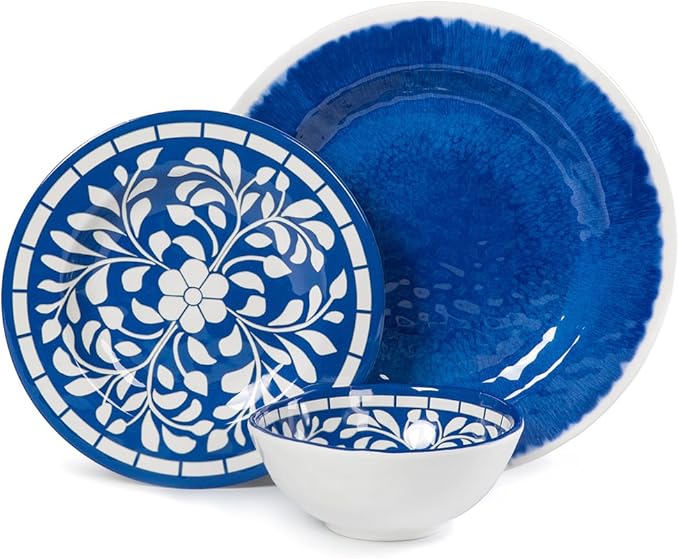Melamine Dinnerware Set - 12 Pcs Dinner Dishes Set for 4 Plates and Bowls Set for Indoor &amp Outdoor Use- Dishwasher Safe Unbreakable Blue