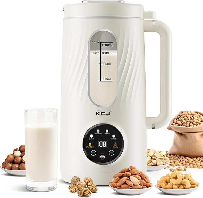 KFJ 8 in 1 Nut Milk Maker Machine 41oz Homemade Coconut Soy Oat Almond Plant Based Milks and Non-Dairy Beverages with Delay Start/Boil Water/Self-Cleaning White