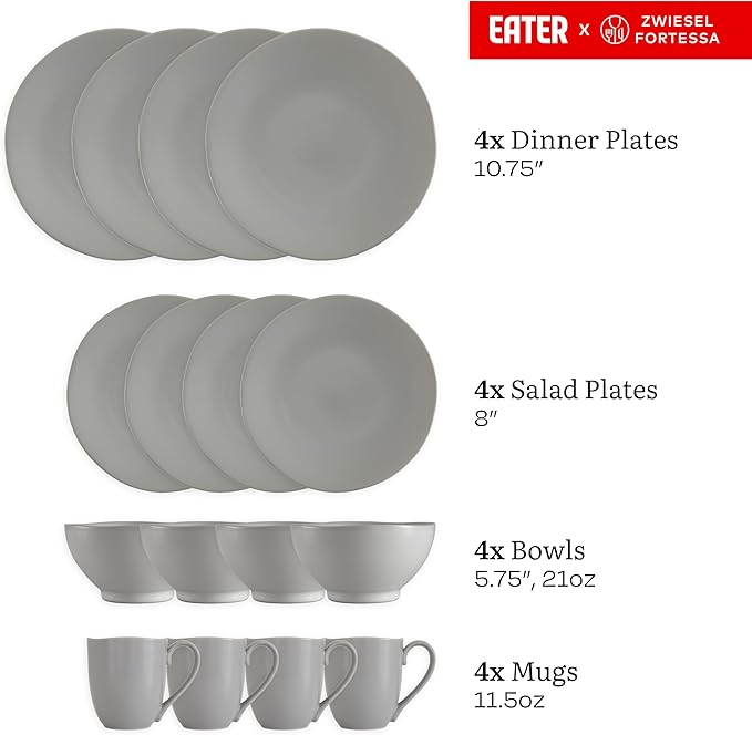 Eater x Zwiesel Fortessa Tempus Stoneware 16 Piece Dinnerware Set (Service for 4) Smoke