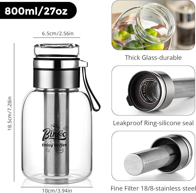 Bincoo Glass Cold Brew Coffee Maker with Extended Fine Mesh Filter Tea Infuser Bottle Iced Coffee Maker with Thick Borosilicate Glas