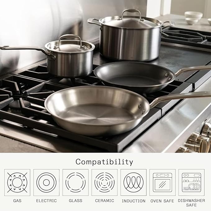 Made In Cookware | 6 Pc Stainless Steel Cookware Set | 5 ply Clad - Includes Frying Pans Saucepan and Stock Pot | Professional Grade | Crafted in Italy | Induction Compatible