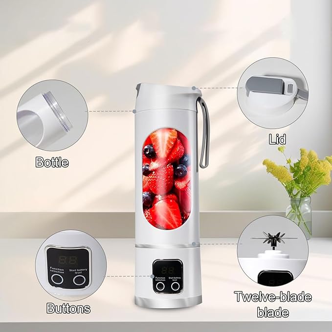 Portable Blender for Shakes and Smoothies - 3-Speed USB Rechargeable Juicer with 12-Blade Ice Crusher &amp Digital Display - 15.2 oz Ideal for Fresh Juices at Home &amp Travel