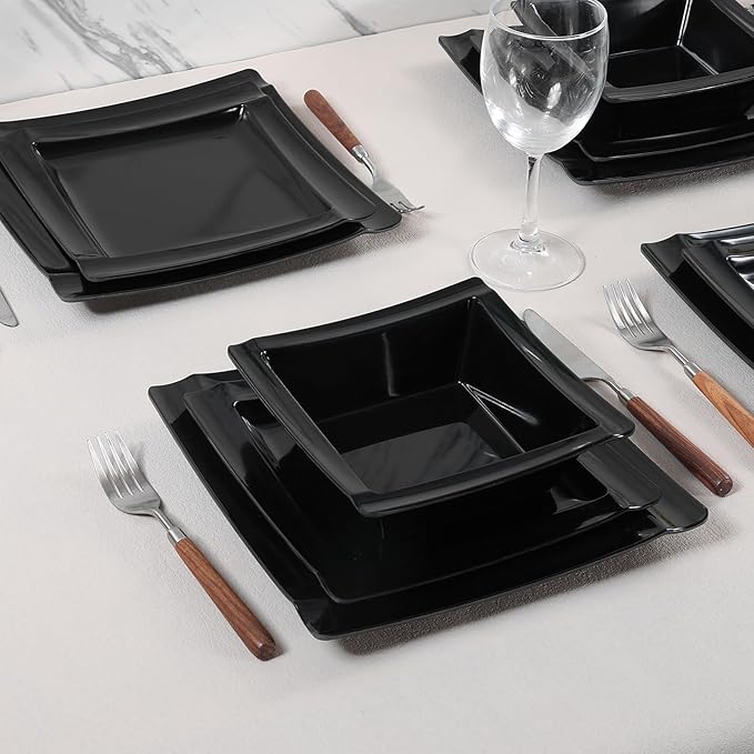 Square Melamine Dinnerware Sets of 12 PcsSquare Plates and Bowls SetsUnbreakable Dish Set for 4Lightweight Dishwasher Safe and BPA FreeSuit for RVCamping（Black）