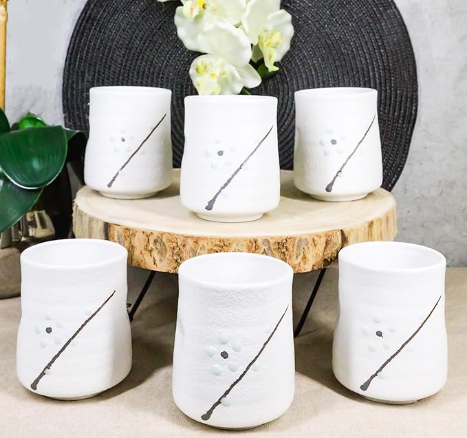 Ebros Gift Modern Yukino Hana Snow Flowers Ceramic Dinnerware Serveware Kitchenware Set Oriental Asian Restaurant Supply (Pack Of 6 Reactive Glaze Tea Cups 9oz)