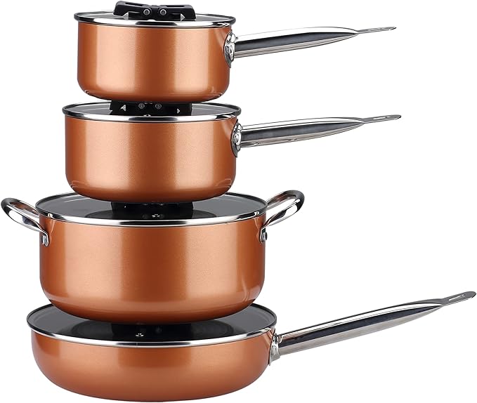 Stackable Stainless Steel Nonstick Cookware Set Pots W/ Lids (8 Piece) Brown 10-4408