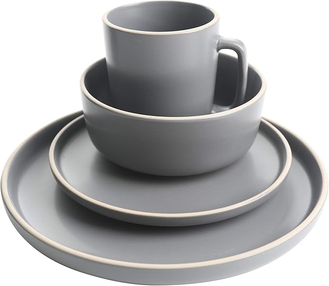 Gibson Home Zuma 16 Piece Round Kitchen Dinnerware Set Dishes Plates Bowls Mugs Service for 4 Matte Stoneware Grey Gray