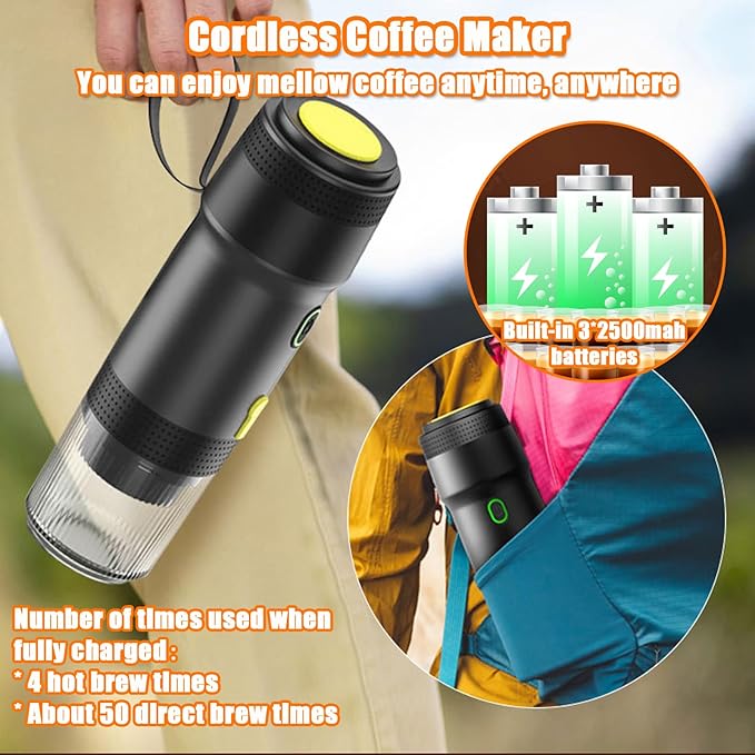 Portable Espresso Machine 3-in-1 Self-Heating Portable Coffee Maker for Travel with Rechargeable Battery Cordless Electric Mini Espresso Maker for RV Hiking Camping Office (Black)