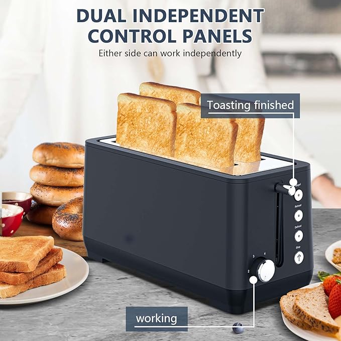 Long Slot Toaster 4 Slice Wide Slot Stainless Steel Toaster with 6 Browning Settings &amp Bagel Defrost/Reheat Functions Compact Kitchen Toasters with Removable Crumb Tray 1500W (Black)