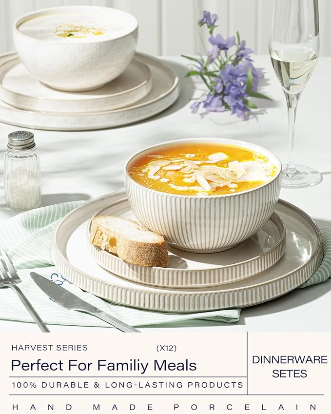 Getstar Dinnerware Sets Plates and Bowls Sets (10.5” Dish + 8” Dish + 6” Bowl) for 4 Microwave and Dishwasher Safe Ceramic Dinnerware Set (12 Piece)