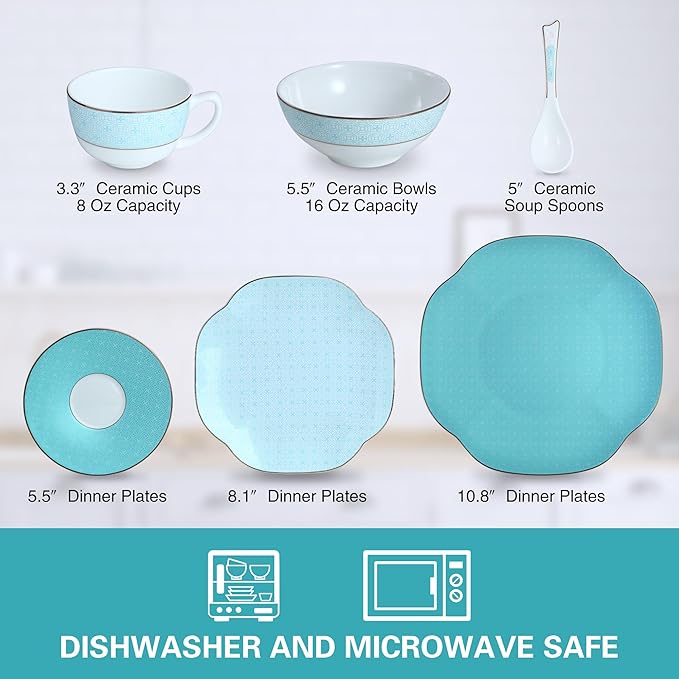 Blue 24 Piece Porcelain DinnerwareBone china set for 4Plates and Bowls Sets With Silver checkered cross pattern Highly Chip &amp Crack Resistant &amp Dishwasher (Light Blue + Checkered Cross)