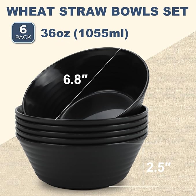 Wrova wheat straw bowls and 10inches plates bundle with cups - unbreakable dinnerware sets of 22 - Black series