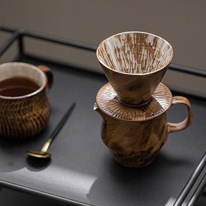 Pour Over Coffee Maker Set Vintage Ceramic Pour Over V60 Coffee Dripper Setfor Home Café Restaurant Camping7oz/220ml Pour Over Coffee Dripper (Brown)