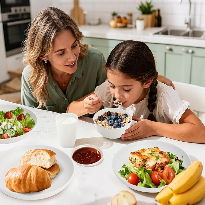 Wheat Straw Plates and Bowls Sets of 16Unbreakable Dinnerware Sets for 4 Microwave &amp Dishwasher Safe Kids Dish Set for Kitchen Outdoor Camping Party RV- White