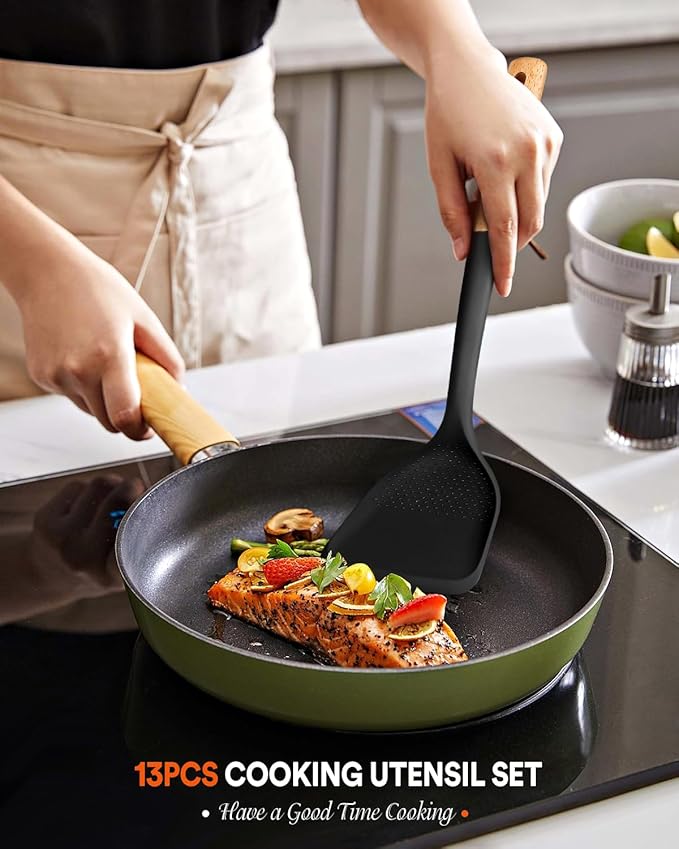 Kitchen Utensils Set 13PCS Silicone Cooking Utensils Heat Resistant Kitchen Utensil Spatula Set for Nonstick Cookware Wooden Handles Kitchen Gadgets Tools Set