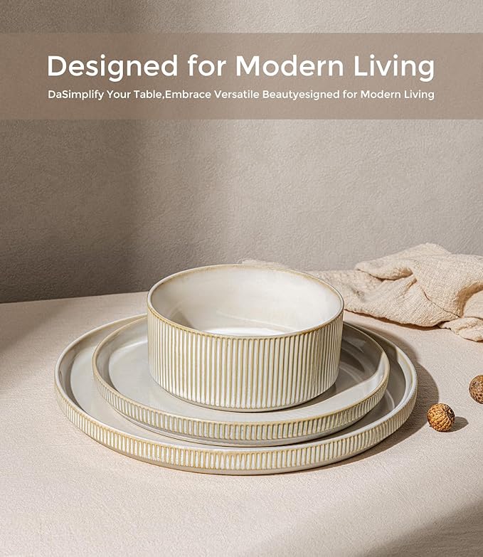 GBHOME 12-Piece Stoneware Dinnerware Set for 4 – Ribbed Ceramic Plates and Bowls Scratch-Resistant Microwave &amp Dishwasher Safe Reactive Glaze Oatmeal Veil