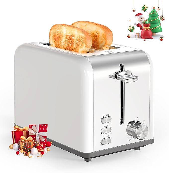 YSSOA Stainless Steel Toaster 2 Slice with Extra Wide Slot &amp Removable Crumb Tray 6 Shade Settings and Bagel/Defrost/Cancel Functions Compact Oven for Various Bread &amp Waffle White New