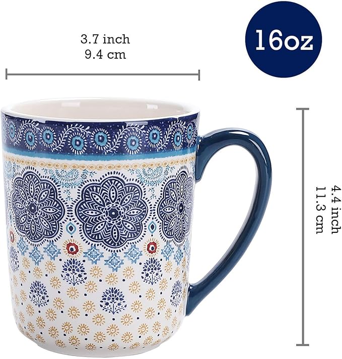 Bico Blue Talavera Ceramic 16 pcs Dinnerware Set Service for 4 Inclusive of 11 inch Dinner Plates 8.75 inch Salad Plates 26oz Cereal Bowls and Mugs for Party Microwave &amp Dishwasher Safe