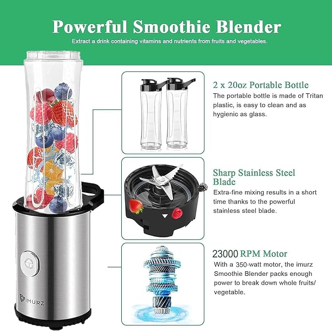 Portable Blender &amp Smoothie Maker Personal Mini Blender Electric Mixer with 2x600ml Blending Bottles for SmoothieMilkshake Fruit and Vegetable Drinks Ice