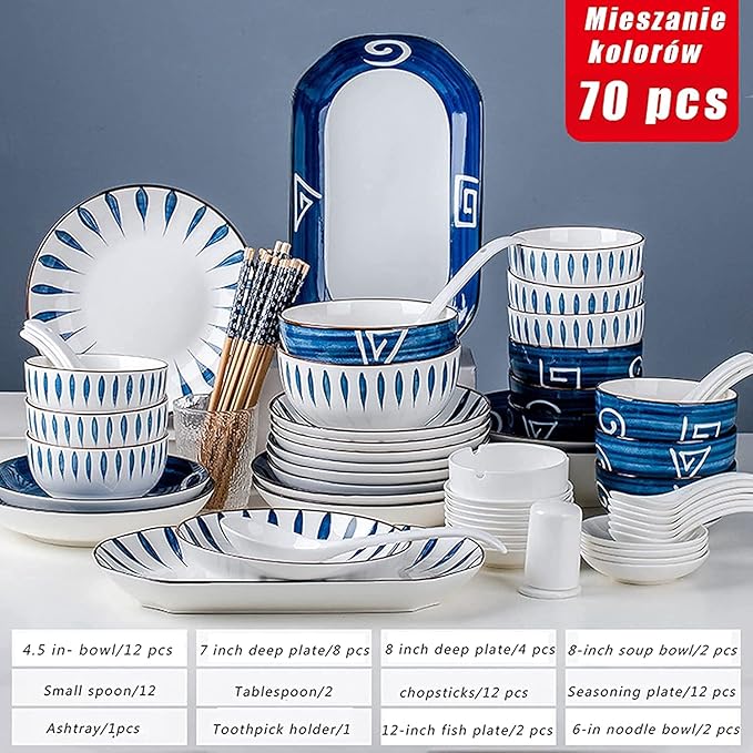 Porcelain Dinnerware Sets Plates and Bowls Sets Modern Ceramics Dinnerware Set Service for 8-12 Japanese Style Plates and Bowls Sets Dis（Mixed Colors 70 Pieces