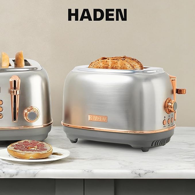 Haden Heritage 2 Slice Wide Slot Stainless Steel Toaster with Adjustable Browning Control &amp Non-Slip Feet Steel &amp Copper