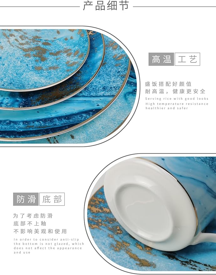 Romantic countryside Bone China Dinnerware Sets Service for 6Delicate afternoon tea Dinnerware SetSteak Dinner Plates Dish Set Includes coffee cupBlue Ocean