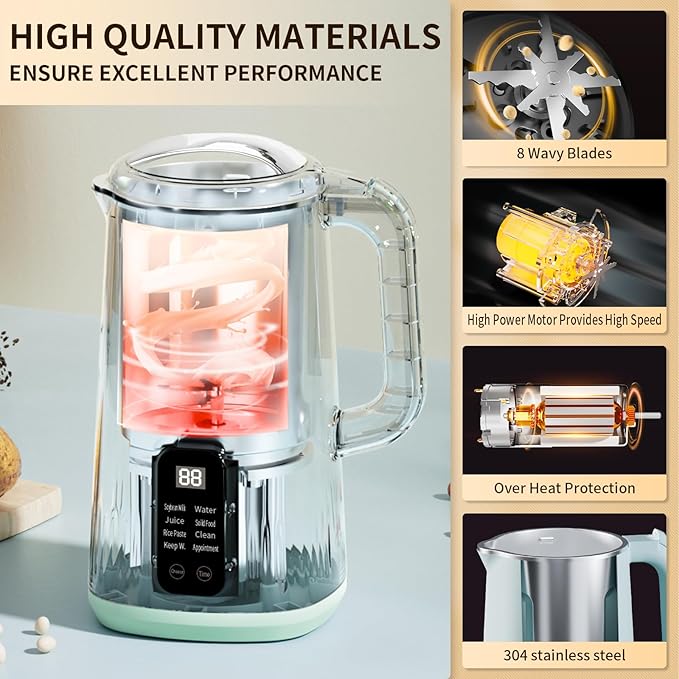 Nut Milk Maker Machine 28oz Automatic 8-in-1 Quiet Operation Soy Milk Maker Homemade Almond Coconut Juice &amp Soup Delay Start/Keep Warm/Self-Cleaning/Boil Water (Cyan)