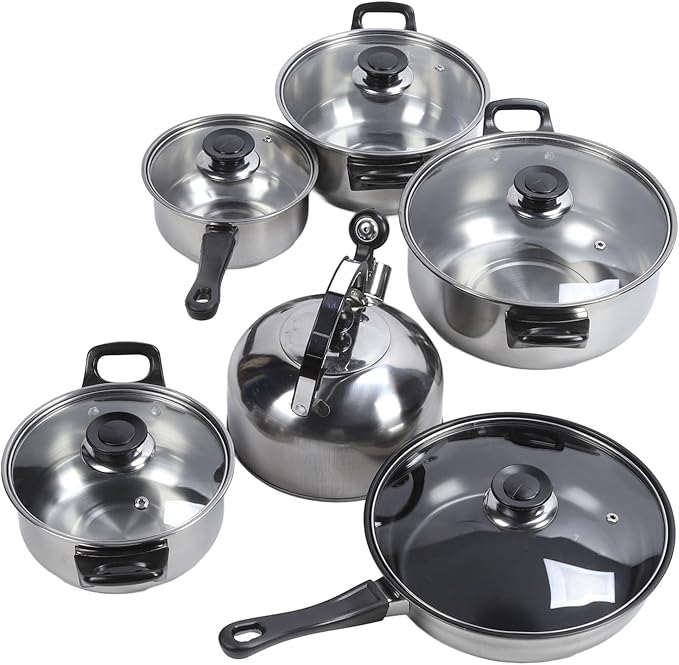 Premium Stainl Steel Cookware Set with NonS Ying Pan Stock Pot Saucepan Saute Pan Tea Kettle Includes Plastic Black Handle Kitchen Pots and Pans Set