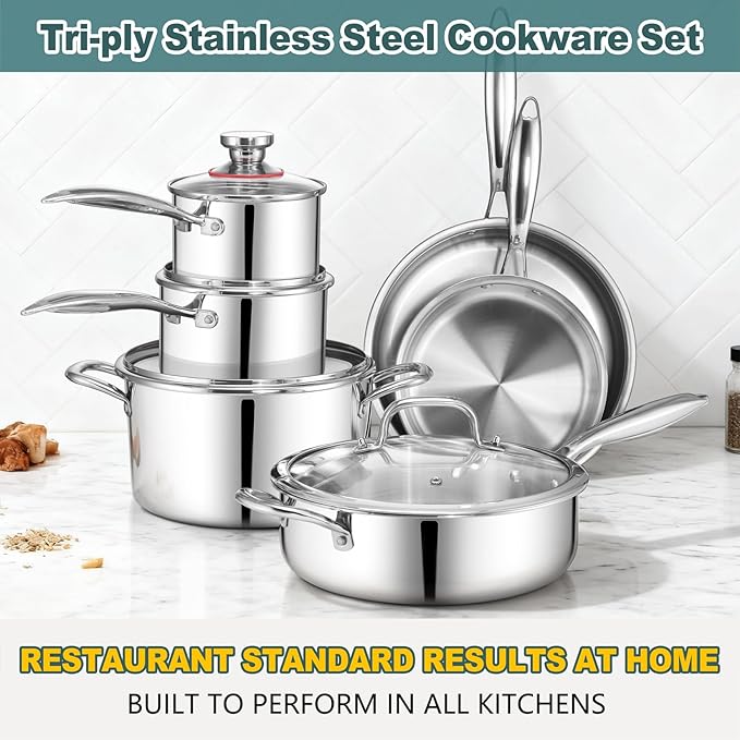 P&ampP CHEF 3-Ply Stainless Steel Cookware Set of 6 10-Pieces Pots and Pans Sets Stainless Steel for Kitchen Induction Multi Cooktops &amp Oven Dishwasher Safe Frying Pans Saucepans Saute Pan