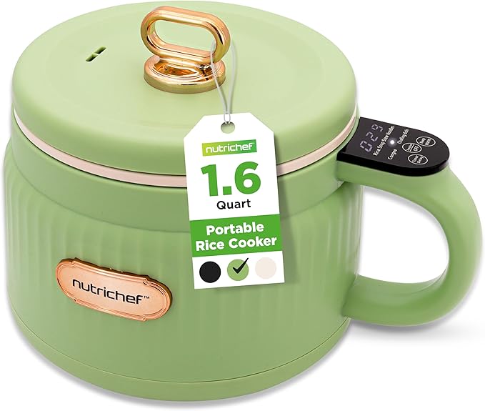 NutriChef 1.6 QT Portable Electric Rice Cooker &amp Lunch Maker | Multi-Functional &amp Non-Stick Ceramic Coating | Digital Control Panel | 6 Cook Functions: Rice Soup Stew Porridge &amp More |