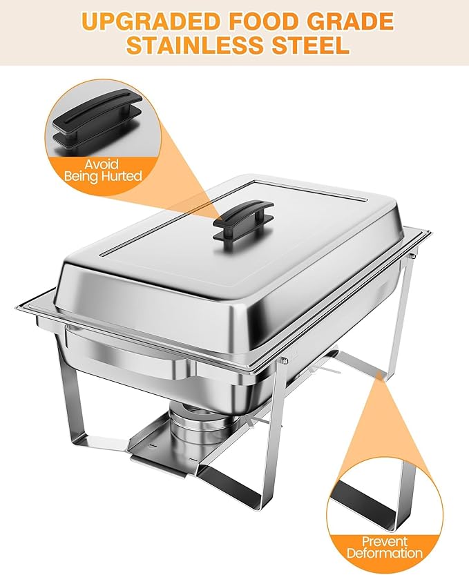 Professional Buffet Food Warmer Set – 8QT Rectangular Stainless Steel Chafing Dishes – Includes Water Pan Lid &amp Fuel Holders – Portable Chafer for Catering Parties Events – 6-Pack