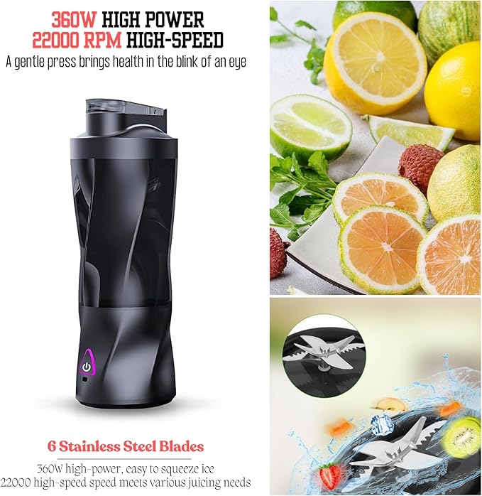 Portable Juicer Blender USB Rechargeable Smoothie Maker with 6 Upgraded Blades and 6000mAh Battery 700ml/24oz Capacity Ideal for Smoothies Protein Shakes Travel and Office (White)