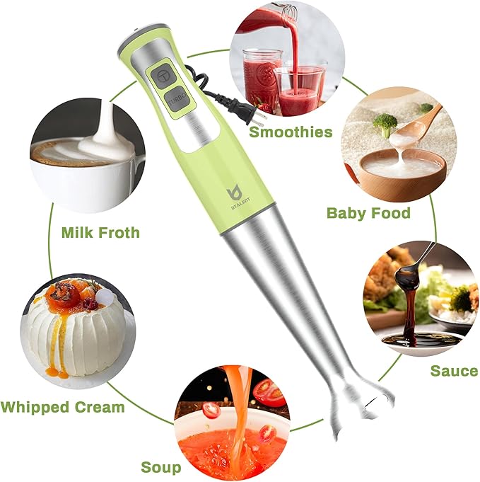 Immersion Hand Blender UTALENT 5-in-1 8-Speed Stick Blender with 500ml Food Grinder BPA-Free 600ml ContainerMilk FrotherEgg WhiskPuree Infant Food Smoothies Sauces and Soups - Green