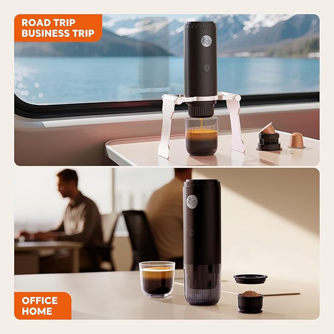 Portable Espresso Machine Mini 19Bar Rechargeable 2-in-1 Multi-Function Electric Coffee Machine One Key Extraction Compatible with NS Capsules and Ground Coffee for Office Home 7800MAH (Black)