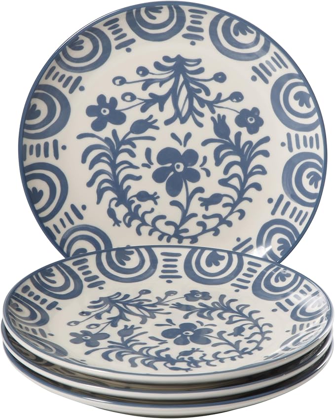 Bloomhouse - 2-Time Oprah’s Favorite Things - Valencia Flor 4 Piece Dessert &amp Salad Plate Set 8.75” Stoneware Plates Mediterranean Floral Decal Design Microwave &amp Dishwasher Safe Iris Blue
