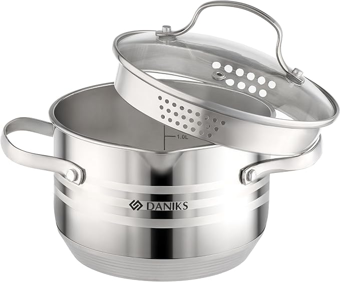Daniks Tokio Stainless Steel Stock Pot 2 Quart with Glass Strainer Lid Induction Ready Dishwasher Safe Measuring Scale Silver