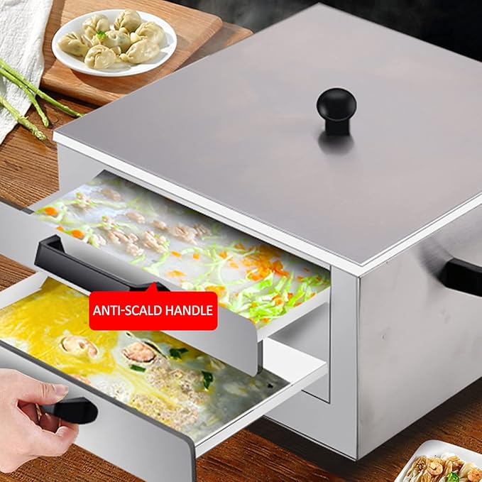 Food-Grade Stainless Steel Rice Noodles Steamer - 2-Layer Rice Noodle Rolls Maker Cantonese Cuisine Roll Cooker with 3 Trays