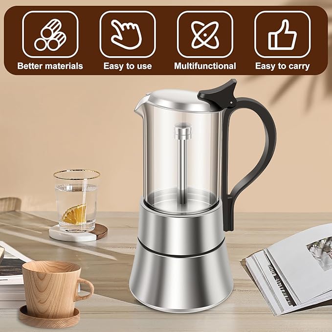 Stovetop Espresso Maker Stovetop Coffee Makers 120ml/4oz Induction Moka Pot Clear Glass Top Stainless Steel Portable Stovetop Espresso and Coffee Maker for Coffee Home